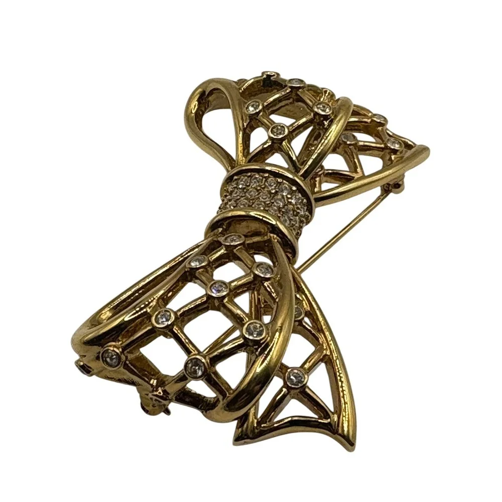 Swan Signed SWAROVSKI Open Bow Brooch Pin Icy Clear Crystals‎ Gold Tone Ribbon
